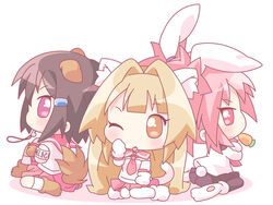  3girls animal_ears animal_gloves animal_shoes animal_tail bunny_ears bunny_tail carrot cat_ears cat_tail chibi dog_ears dog_tail edomae_lunar full_body gold_eyes hair_clip hair_ornament hairclip multiple_girls pink_eyes prefect red_eyes school_uniform seifuku serafuku seto_no_hanayome seto_sun tail tongue tongue_out uniform whitsle yellow_eyes zenigata_mawari 