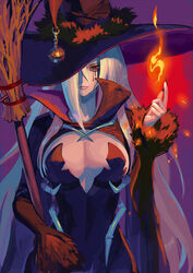  bad_id bad_pixiv_id black_nails blonde_hair breasts broom cleavage female fire hair_between_eyes hair_over_one_eye halloween hat large_breasts lips long_hair magic nail_polish original red_eyes solo very_long_hair washi_no_tosaka witch witch_hat 