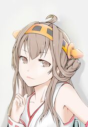  braid brown_eyes brown_hair detached_sleeves exwheel female headgear highres japanese_clothes kantai_collection kongou_(kantai_collection) lips looking_at_viewer personification pointing portrait simple_background solo 