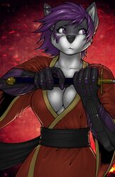  2012 anthro avoid_posting breasts canid canine canis cleavage clothed clothing female hair hi_res holding_object holding_weapon jess_(teckly) mammal melee_weapon purple_eyes purple_hair solo strype sword weapon wolf 