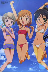  3girls armpits arms_up barefoot bikini feet flat_chest highres ichijo_eika ichijou_eika jump jumping multiple_girls sakurano_otoha scan side-tie_bikini sky_girls sonomiya_karen swimsuit white_bikini white_swimsuit 