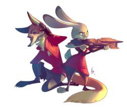  2016 anthro barefoot bottomwear canid canine claws clothing cosplay crossover crossover_cosplay disney duo electronics feet female fox fur futuristic_gun futuristic_rifle gun headgear headphones headset hi_res holding_gun holding_object holding_ranged_weapon holding_weapon inner_ear_fluff judy_hopps kisu-no-hi kneeling lagomorph leporid looking_back male mammal military nick_wilde pants pawpads purple_eyes rabbit ranged_weapon red_clothing red_fox red_shirt red_topwear rifle science_fiction shirt simple_background soldier space_force standing star_trek toe_claws topwear true_fox tuft warrior weapon white_background zootopia 