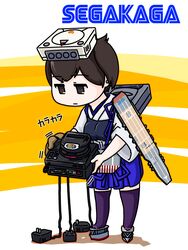  absurdres brown_eyes brown_hair commentary_request female game_console highres japanese_clothes kaga_(kancolle) kantai_collection logo long_hair muneate on_head parody power_supply sega sega_32x sega_cd sega_dreamcast sega_mega_drive sega_saturn side_ponytail skirt solo sonota_oozei style_parody video_game 