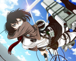  belt black_eyes black_hair boots cloud commentary_request day dual_wielding female holding jacket looking_back mikasa_ackerman pants paradis_military_uniform photoshop_(medium) pre3445 scarf shingeki_no_kyojin shirt short_hair sky solo sword thigh_strap three-dimensional_maneuver_gear weapon 