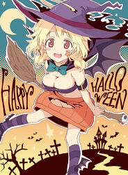  :d aine_(boku_ga_tenshi_ni_natta_wake) bandeau bare_tree bat_(animal) bat_wings blonde_hair blush_stickers boku_ga_tenshi_ni_natta_wake bow breasts broom cape cleavage crescent cross crotch_cutout eyeball female fujimaru_(bluebrand) halloween halo happy_halloween hat highres jack-o&#039;-lantern jack-o&#039;-lantern_cutout low_twintails mary_janes medium_breasts open_mouth pumpkin_skirt red_eyes shoes smile socks solo star-shaped_pupils star_(symbol) striped_clothes striped_socks symbol-shaped_pupils tree twintails wings witch_hat 