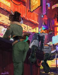  anthro ass bar butt_focus canid canine city clothed clothing cyberpunk cyril_(modjo) duo equid equine exposure_variation fox future futuristic futuristic_city futuristic_clothing hi_res horse knoxin_vayer looking_at_butt male male/male mammal neon neon_sign oselotti science_fiction sign tight_clothing 