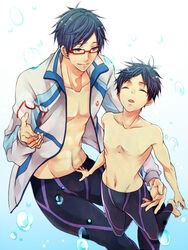  2boys air_bubble bad_id bad_pixiv_id blue_hair bubble closed_eyes closed_mouth commentary_request dual_persona free! glasses groin holding holding_removed_eyewear jacket legskin light_smile lolicon looking_at_another male_focus male_swimwear multiple_boys navel nekoshiro nipples open_clothes open_jacket open_mouth red-framed_eyewear ryuugazaki_rei semi-rimless_eyewear smile submerged time_paradox topless_male under-rim_eyewear underwater unworn_eyewear 