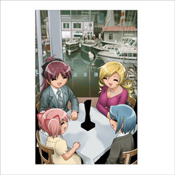  4girls blonde_hair blue_hair boat breasts closed_eyes commentary_request drill_hair formal hair_ornament hairclip jewelry kaname_madoka large_breasts led_zeppelin long_hair mahou_shoujo_madoka_magica mahou_shoujo_madoka_magica_(anime) miki_sayaka multiple_girls necklace necktie open_mouth parody photo_background pink_hair ponytail presence_(album) sakura_kyoko shingyouji_tatsuya short_hair short_twintails sitting suit tomoe_mami twin_drills twintails watercraft 