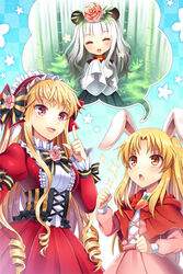  3girls animal_ears blonde_hair bow cannelle_(sword_girls) capelet carrot cinia_pacifica corset dress drill_hair flower frills long_hair long_sleeves lowres mauve multiple_girls orange_eyes penika_(sword_girls) photoshop_(medium) pink_eyes rabbit_ears rose skirt sword_girls white_hair 