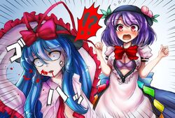  !? 2girls blood blood_from_mouth blue_hair blush bra commentary_request cosplay costume_switch d-frag! dress flying_sweatdrops food fruit hat hat_ribbon hinanawi_tenshi hinanawi_tenshi_(cosplay) long_hair maru_daizu_(aqua6233) multiple_girls nagae_iku nagae_iku_(cosplay) peach popped_button purple_hair red_eyes ribbon short_hair touhou underwear 