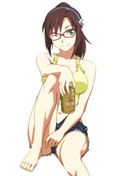  alcohol alternate_hairstyle barefoot beer beer_can breasts brown_hair can commentary_request cosplay drink_can evangelion:_2.0_you_can_(not)_advance feet female glasses green_eyes grin hairband katsuragi_misato katsuragi_misato_(cosplay) large_breasts long_legs makinami_mari_illustrious midriff navel neon_genesis_evangelion norizou one_eye_closed ponytail rebuild_of_evangelion revision sitting smile solo tank_top yebisu 