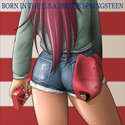  album_cover album_cover_redraw ass ass_focus back blue_shorts born_in_the_u.s.a. bruce_springsteen close-up commentary_request cover cutoffs denim derivative_work english_text female food from_behind head_out_of_frame holding long_hair mahou_shoujo_madoka_magica mahou_shoujo_madoka_magica_(anime) parody pocky sakura_kyoko shingyouji_tatsuya shorts solo standing 