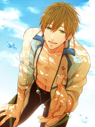  1boy :d arm_support beckoning bent_over brown_hair bubble cloud cloudy_sky commentary_request cowboy_shot day dutch_angle free! green_eyes half-closed_eyes hand_on_own_thigh jacket legskin lens_flare looking_at_viewer male_focus male_swimwear muscular nekoshiro open_clothes open_hand open_jacket open_mouth outstretched_hand pectorals sky smile solo standing tachibana_makoto topless_male 