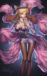  absurdres ahri_(league_of_legends) alternate_costume alternate_hair_color animal_ears artist_name backlighting belt blonde_hair breasts brown_pantyhose cellphone character_name chinese_commentary cleavage commentary_request cosplay denim denim_shorts epaulettes facial_mark female floating_hair fox_ears fox_tail girls&#039;_generation glowing gradient_background hand_on_own_hip hat hat_box headset heart heart_necklace highres holding iphone jewelry league_of_legends leaning_forward light_particles light_smile lips long_hair looking_at_viewer medium_breasts multiple_tails necklace open_clothes pantyhose pantyhose_under_shorts peaked_cap phone photoshop_(medium) popstar_ahri product_placement selfie short_shorts shorts simple_background slit_pupils smartphone smile solo standing swept_bangs tail thigh_gap whisker_markings yellow_eyes yus zipper 