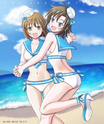  2girls ariga_nao ass beach bikini black_hair blue_eyes blush breasts brown_eyes brown_hair cleavage commentary_request dixie_cup_hat hagiwara_yukiho hat high_heels idolmaster idolmaster_(classic) idolmaster_2 kikuchi_makoto looking_at_viewer medium_breasts military_hat multiple_girls navel open_mouth outdoors revision sailor_bikini sailor_collar sailor_hat sailor_swimsuit_(idolmaster) sandals short_hair smile strappy_heels swimsuit thigh_gap 