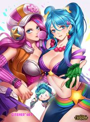  2girls :&gt; arcade_miss_fortune arcade_sona armor artist_name beads blowing_bubbles blue_eyes blue_hair blush bracelet breasts cabbie_hat chewing_gum chibi citemer cleavage collarbone commentary copyright_name cowboy_shot crop_top detached_sleeves earrings emoticon gloves gradient_background green_gloves green_hair hair_ornament hairclip hat headphones holding holding_sword holding_weapon jewelry large_breasts league_of_legends long_sleeves looking_at_viewer midriff miss_fortune_(league_of_legends) multiple_girls navel necklace official_alternate_costume open_hand parted_lips photoshop_(medium) pink_hair pleated_skirt purple_skirt riven_(league_of_legends) side_slit simple_background skirt sona_(league_of_legends) star_(symbol) star_earrings star_hair_ornament star_print striped_clothes striped_gloves sword twintails v-shaped_eyebrows weapon white_background 