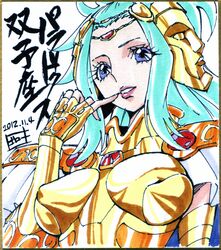  armor blue_eyes blue_hair breasts commentary_request dated female gemini_paradox gold_armor gold_saint gorou_(pixiv3249935) saint_seiya saint_seiya_omega scan solo 