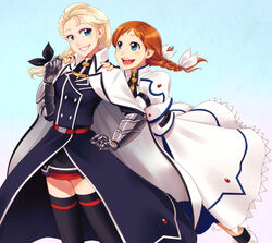  :d anna_(frozen) blonde_hair blue_eyes braid cape coat cosplay dress elsa_(frozen) fate_testarossa fate_testarossa_(cosplay) fingerless_gloves freckles frozen_(disney) gauntlets gloves jacket lyrical_nanoha m._beatriz_garcia magical_girl mahou_shoujo_lyrical_nanoha_strikers multiple_girls open_clothes open_jacket open_mouth red_hair siblings simple_background single_braid sisters skirt smile takamachi_nanoha takamachi_nanoha_(cosplay) thighhighs twin_braids 