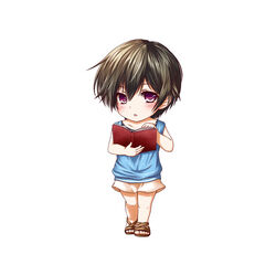  black_hair blush bokura_wa_minna_kawaisou book casual chibi commentary_request female full_body highres holding holding_book kawai_ritsu kuena open_book purple_eyes sandals short_hair skirt solo 