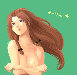  artist_name blue_eyes bow braid breasts brown_hair cleavage commentary_request covering_breasts covering_privates crossed_arms female green_background hairbow hong_meiling lips long_hair looking_at_viewer medium_breasts nose nude photoshop_(medium) sideways_glance simple_background solo star_(symbol) teko_(tawake) touhou twin_braids upper_body very_long_hair 