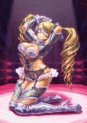  adapted_costume blonde_hair blue_eyes blue_leotard blush boots breasts cleavage commentary_request female garter_belt gloves heart high_heel_boots high_heels highres jonpei kneeling lace lace-trimmed_legwear lace_trim large_breasts leotard lingerie lips mask muscular photoshop_(medium) rainbow_mika solo street_fighter street_fighter_zero_(series) sweatdrop teddy_(lingerie) thighhighs twintails underwear wavy_mouth 