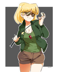  artist_name blonde_hair bomber_jacket breasts cleavage commentary_request earrings female golf_club highres jacket jcm2 jewelry large_breasts lori_loud short_shorts shorts signature smile solo sunglasses the_loud_house whistle 