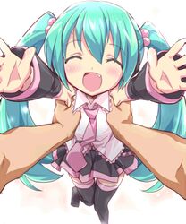  animated animated aqua_hair closed_eyes commentary_request detached_sleeves eeeeee female gift hair_bobbles hair_ornament happy_birthday hatsune_miku holding_hands long_hair necktie oerba_yun_fang open_mouth petite_miku skirt smile thighhighs twintails very_long_hair vocaloid zettai_ryouiki 