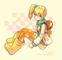  blonde_hair blue_eyes boots commentary_request deretta edna_(respected_senior)_(tales) edna_(tales) female multicolored_clothes multicolored_legwear normin_(tales) official_alternate_costume phoenix_(tales) print_thighhighs rubber_boots school_uniform short_hair side_ponytail smile solo star_(symbol) star_print tales_of_(series) tales_of_zestiria thighhighs yellow_footwear 