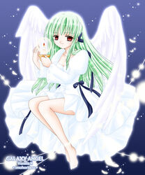  angel_wings artist_name bangs barefoot candlestick character_name copyright_name feathers female galaxy_angel gradient gradient_background green_hair long_hair looking_at_viewer puffy_sleeves red_eyes simple_background smile solo vanilla vanilla_h wings yufuji_saeka 