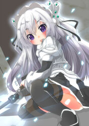  black_thighhighs blush chaika_trabant commentary_request female hitsugi_no_chaika long_hair purple_eyes skirt solo soutsuki_naru thighhighs 