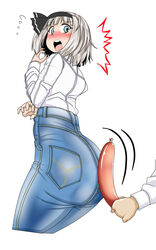  ^^^ alternate_costume ass ass_rubbing black_bow blue_eyes blush bow commentary_request denim dress_shirt female flying_sweatdrops food grey_hair hair_ribbon hand_up high-waist_pants highres huge_ass jeans konpaku_youmu looking_at_viewer looking_back mutsunari_(crim0718) on_ass open_mouth pants ribbon round_teeth sausage sexually_suggestive shirt simple_background solo_focus stitching surprised teeth thighs too_literal touhou white_background white_shirt 