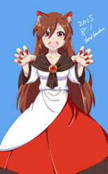  animal_ears artist_name badbamboo blue_background brown_hair claw_pose commentary_request d: dated dress female highres imaizumi_kagerou long_hair looking_at_viewer nail_polish open_mouth photoshop_(medium) red_eyes red_nails simple_background solo touhou v-shaped_eyebrows very_long_hair 