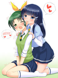  2girls ;o aoki_reika biting blue_eyes blue_hair blush commentary_request ear_biting eargasm gradient_background green_eyes green_hair green_necktie green_sweater_vest hair_ribbon heart kneehighs long_hair midorikawa_nao multiple_girls nanairogaoka_middle_school_uniform necktie one_eye_closed open_mouth precure ribbon school_uniform side_ponytail sitting skirt sleeves_rolled_up smile_precure socks speech_bubble spoken_blush spoken_heart sweater_vest tamago_kago uncommon_stimulation v_arms wariza yuri 