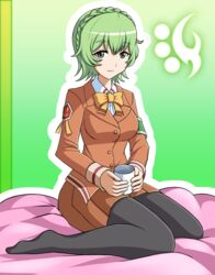  aoki_hagane_no_arpeggio braid commentary_request crown_braid cup exis female green_eyes green_hair highres light_smile mug nachi_(aoki_hagane_no_arpeggio) pantyhose school_uniform short_hair sitting solo wariza 