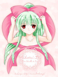  artist_name bangs female galaxy_angel green_hair high_ponytail long_hair looking_at_viewer ponytail red_eyes solo valentine vanilla vanilla_h web_address yufuji_saeka 