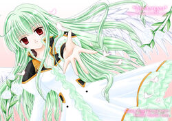  artist_name bangs character_name copyright_name dutch_angle female flower galaxy_angel green_hair long_hair looking_at_viewer outstretched_arm red_eyes smile solo vanilla vanilla_h web_address yufuji_saeka 