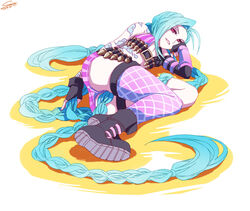  blue_hair boots braid female female gloves highres jinx_(league_of_legends) league_of_legends long_hair pink_eyes solo sora_(keyue) tattoo 