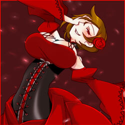  akujiki_musume_conchita_(vocaloid) banica_conchita bare_shoulders breasts brown_hair commentary_request corset detached_sleeves dress evil_grin evil_smile evillious_nendaiki female flower grin hair_flower hair_ornament half-closed_eyes large_breasts meiko_(vocaloid) red_dress red_eyes red_flower red_rose rose short_hair smile solo ume_(schwarze-sonne07) vocaloid 