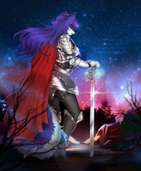  anthro armor canid canine canis closed_eyes clothed clothing detailed_background digital_media_(artwork) hair hi_res holding_melee_weapon holding_object holding_sword holding_weapon lucia_(grey_wolf_570) mammal melee_weapon nitricacid purple_hair sky solo star starry_sky sword text url weapon wolf 