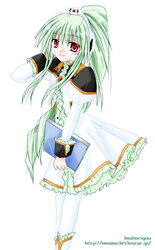  artist_name bangs female galaxy_angel green_hair high_ponytail long_hair ponytail red_eyes simple_background smile solo vanilla vanilla_h web_address white_background yufuji_saeka 