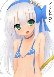  bikini bikini_top blush bow flat_chest flower_knight_girl hair_ornament hairband hairbow long_hair looking_at_viewer neko_miyabi_(artist) open_mouth polka_dot_bikini rain_lily_(flower_knight_girl) simple_background swimsuit upper_body white_background 