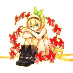  blonde_hair blue_eyes boots choker commentary_request deretta edna_(tales) female flower hair_ribbon hairband jewelry leg_ribbon ribbon sitting solo tales_of_(series) tales_of_zestiria 