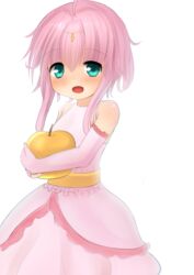  apple bare_shoulders blush elbow_gloves eyebrows eyebrows_visible_through_hair female flower_knight_girl gloves holding looking_at_viewer neko_miyabi_(artist) open_mouth pink_hair ringo_(flower_knight_girl) simple_background solo standing white_background white_gloves 