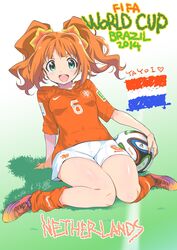  2014_fifa_world_cup blush brazuca color_connection dated dutch_flag female green_eyes highres idolmaster idolmaster_(classic) inoue_sora long_hair looking_at_viewer netherlands open_mouth orange_hair revision short_hair shorts signature smile soccer soccer_uniform solo sportswear takatsuki_yayoi twintails white_shorts world_cup 