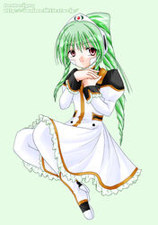  bangs female galaxy_angel green_background green_hair high_ponytail long_hair ponytail red_eyes simple_background smile solo vanilla vanilla_h web_address yufuji_saeka 