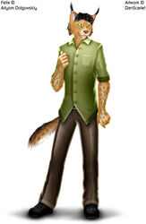  anthro biped black_hair boots bottomwear clothed clothing dan_scarlet felid feline footwear fur green_eyes hair lynx male mammal pants red_nose shirt simple_background solo standing tan_body tan_fur topwear white_background 