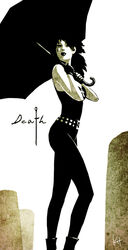  ankh belt black_gloves black_hair black_pants camisole character_name dc_comics death death_(dc) death_(entity) female female gloves kit pale_skin pants solo standing the_sandman tombstone umbrella 