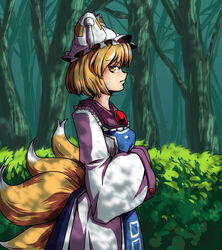  animal_hat bad_id bad_pixiv_id blonde_hair bush dress female forest fox_tail frown hands_in_opposite_sleeves hat looking_at_viewer mob_cap multiple_tails nature profile short_hair sideways_glance solo tabard tail tassel toluda touhou yakumo_ran yellow_eyes 