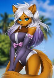  adorableinall anthro black_nose blue_eyes blurred_background canid canine chocolate_(hybridchocolatebar) digital_media_(artwork) eyelashes female hair hi_res looking_at_viewer mammal nitricacid smile solo white_hair wide_hips 