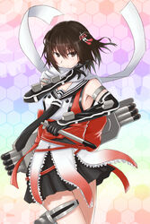  brown_eyes brown_hair buttons commentary_request double-breasted elbow_gloves female gloves hair_ornament highres honeycomb_(pattern) honeycomb_background kantai_collection scarf sendai_(kancolle) sendai_kai_ni_(kancolle) short_hair skirt smile solo tnk_(p_freaks) torpedo two_side_up white_scarf 